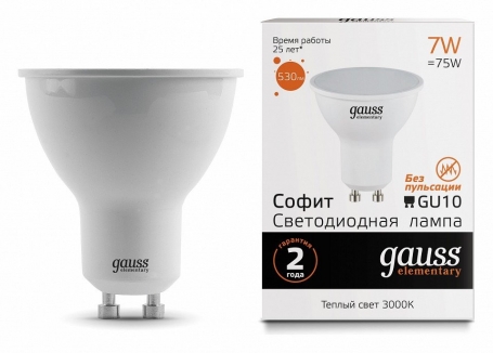 Лампа светодиодная Gauss GU10 7W 3000K матовая 13617