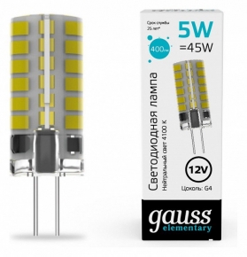 Лампа cветодиодная Gauss G4 5W 4100K прозрачная 18725